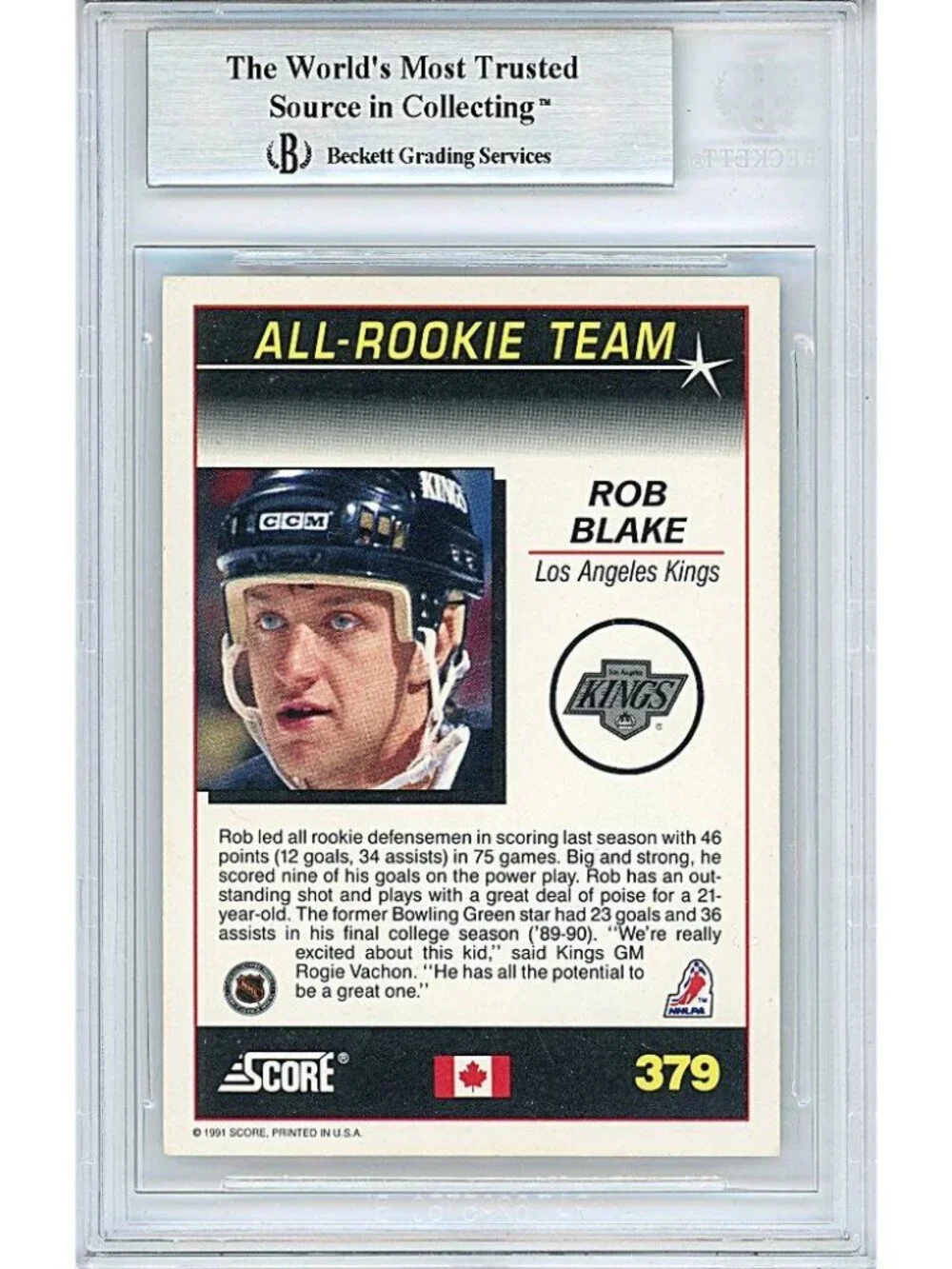 Rob Blake Signed LA Kings 1991-1992 Score Hockey Card Beckett BAS Slab Autograph